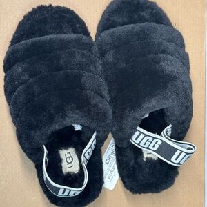 UGG Black Plush Slide Sandals with Branded Heel Strap
